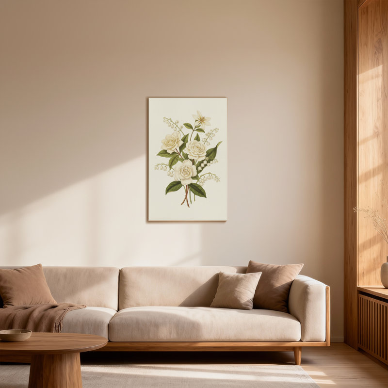 Plantes et fleurs roses blanches et muguet, H 20 po x l 30 po