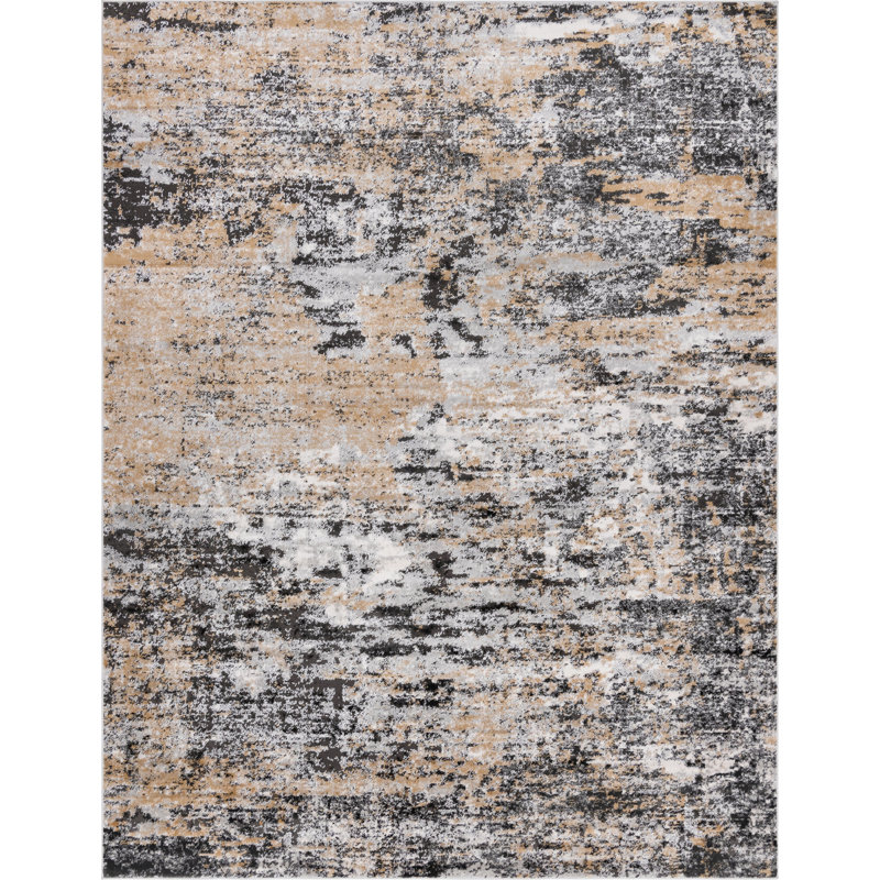 Tapis abstrait en polypropylène tissé à la machine Highdell en brun / noir / blanc, Rectangle 9 pi x 12 pi