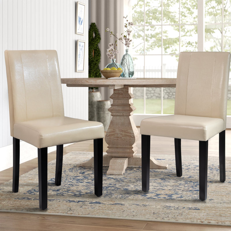 Beige Faux Leather Upholstered Side Chairs with Wood Legs