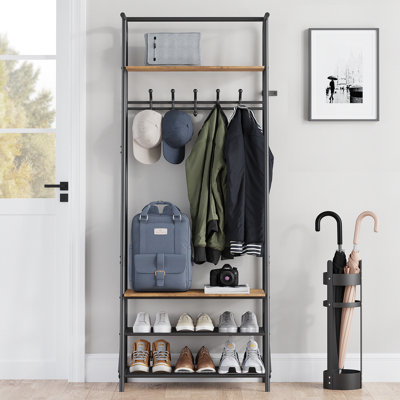 Coat Rack, Hall Tree with Bench and Shoe Storage, Entryway Bench with Coat Rack, 5 Hooks and 3 Tier Shoe Storage, Metal Frame for Entryway, Hallway, Front Door, Rustic Brown