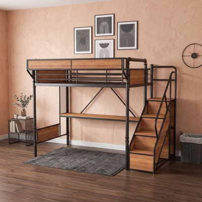 Lit mezzanine en métal avec bureau, prise de courant, bande DEL, panneau perforé, paniers en filet et garde-robe ouverte