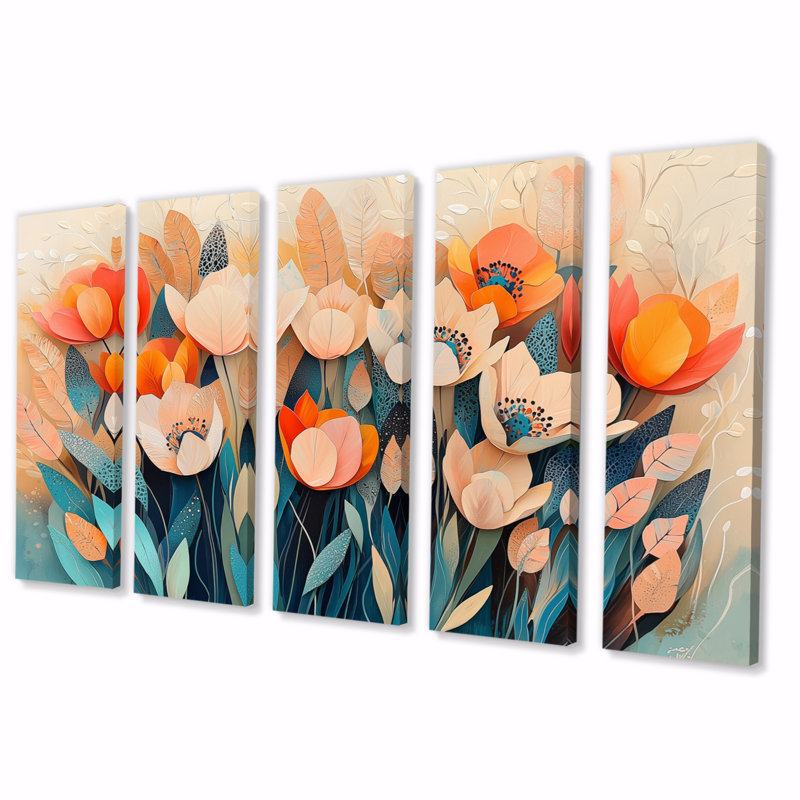 «Pastel colours of Tulips Dream Fragments I» - art mural botanique - décoration murale moderne 5 pièces, H 32 po x l 80 po