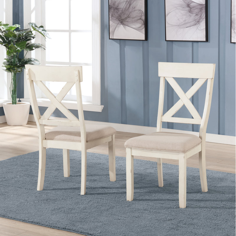 2 chaises de salle à manger rembourrées en bois Prato, blanc antique
