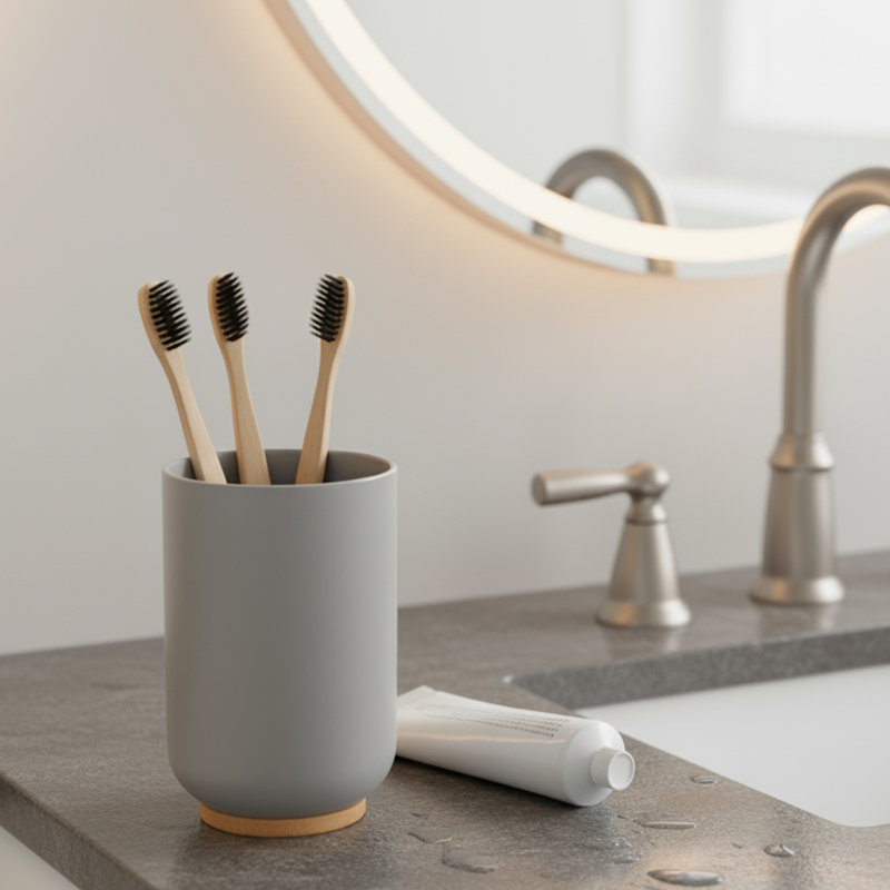 Porte-gobelet ou brosse à dents pour salle de bain avec base en bambou PADANG 10 FL, Gris / brun
