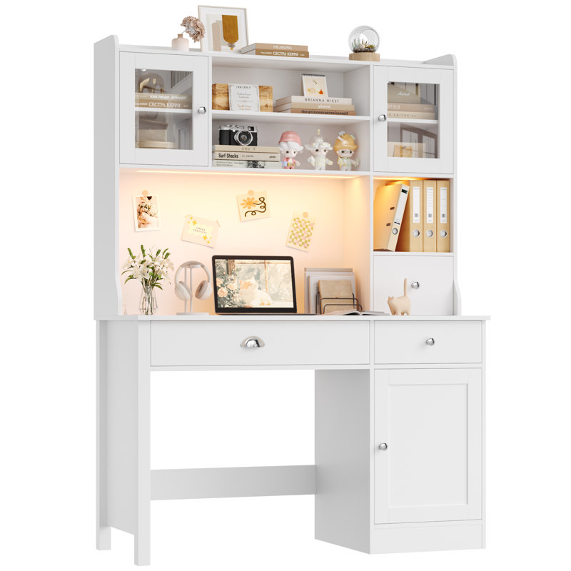 47.2"W Wooden Computer Desk With Hutch And Led Lighting, White, White   