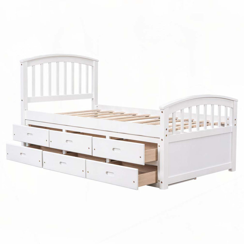 Lit rangement en bois massif avec 6 tiroirs, Blanc