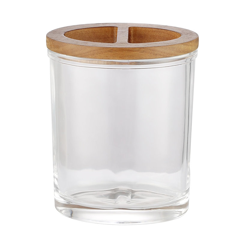 Porte-brosse à dents en verre épais et surdimensionné H Halston avec accent en bois d'acacia, assez grand pour les brosses à dents électriques, organisateur pour salle de bain, cuisine, bureau, rangement à domicile