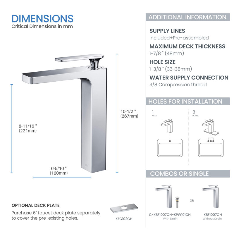 Robinet de salle de bain Infinity, Chrome, Avec drain escamotable