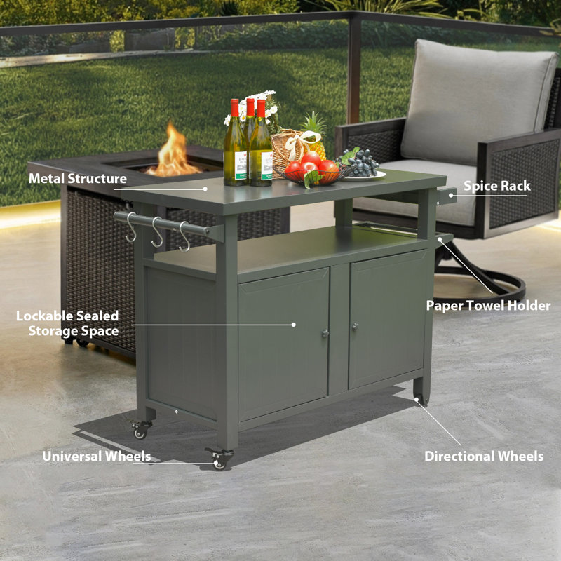 Metal Grill Carts Outdoor with Storage and Wheels, Dark Gray