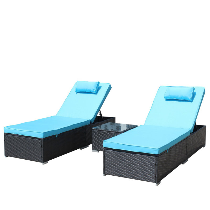 3Piece Outdoor Patio Furniture Set Chaise Lounge, Patio Reclining Rattan Lounge Chair Chaise Couch Cushioned With Glass Coffee Table, Adjustable Back And Feet, Lounger Chair For Pool Garden, Blue