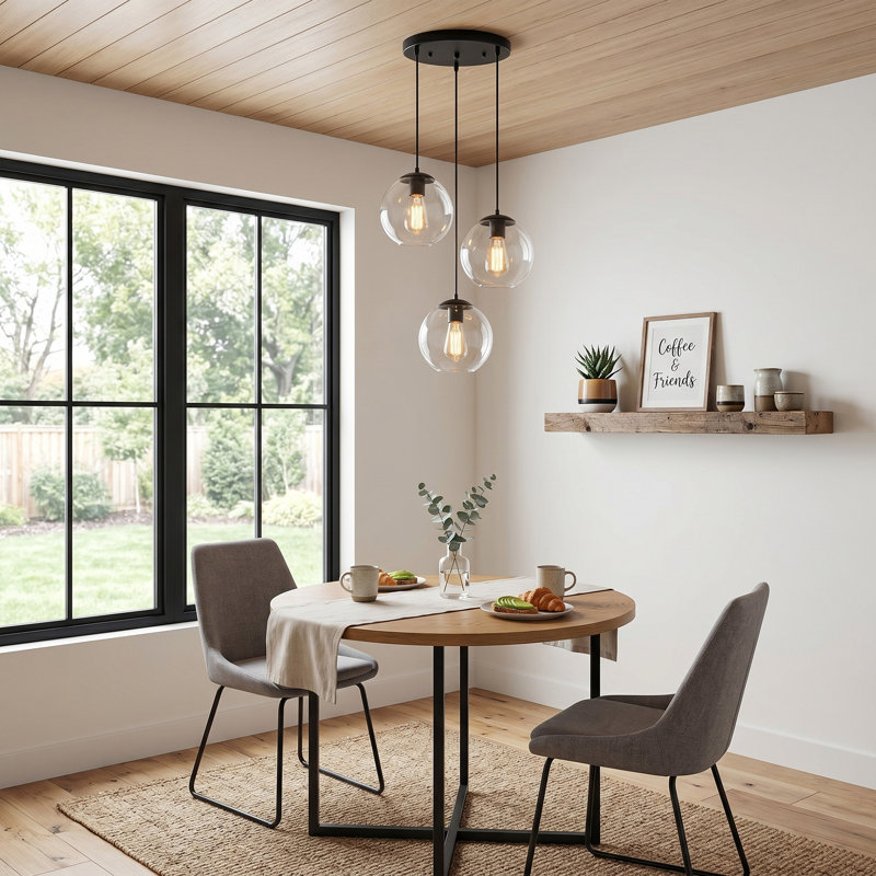 3-Light Globe Glass  Cluster Pendants, Matte Black, 3