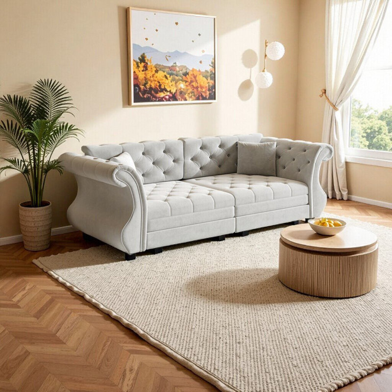 Canapé-lit surdimensionné de 83,8 po Chesterfield, Gris clair