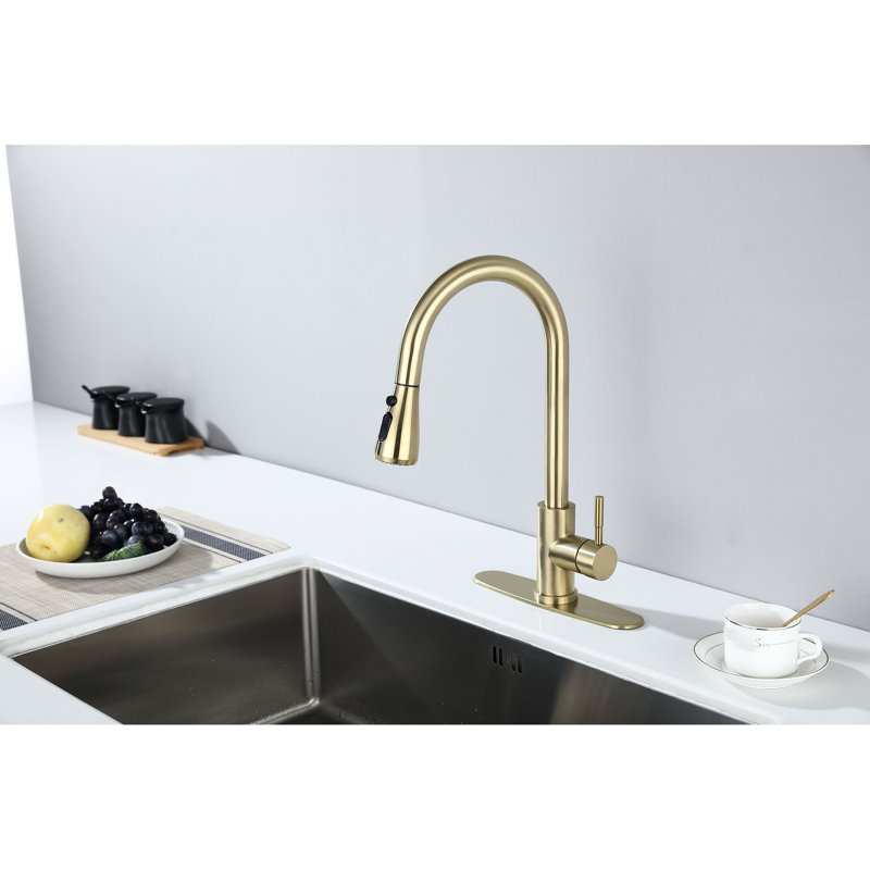 Brushed Gold Kitchen Faucet With Pullout Spray, Stainless Steel Fabrication, 360 Rotating Nozzle, Corrosion & Rust Protection Function