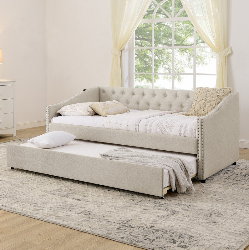 Lit de jour simple avec charge USB et lit extensible escamotable, avec bouton sur le dos et clou en cuivre sur les bras ondulés (81 po x 42 po x 30,75 po)