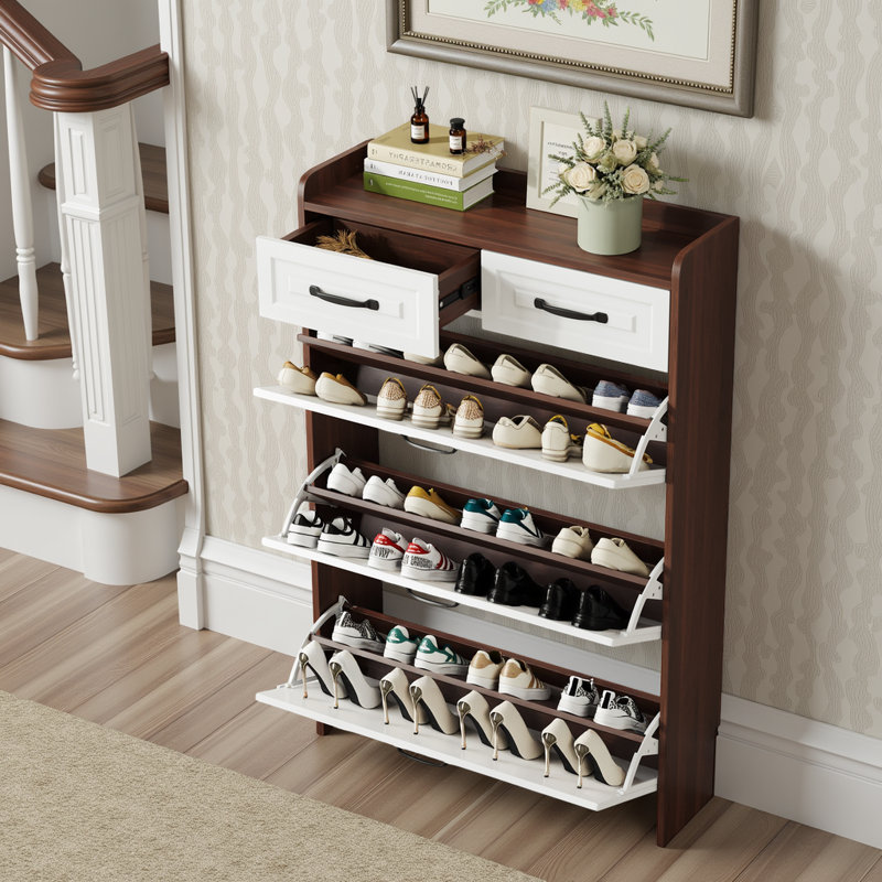 Armoire à chaussures étroite autoportante avec 3 tiroirs rabattables, Brun