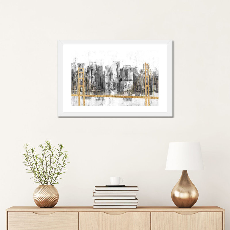 « Golden Bridge panorama » par Jennifer Goldberger-impression, H 16 po x l 24 po x P 1 po, Papier encadré blanc