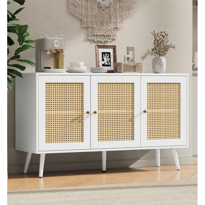 47.2" Rattan Sideboard Buffet Cabinet with 3 Doors, Boho Storage Cabinet with Adjustable Shelves, Console Table for Living Room, Dining Room, Entryway, Coffee Bar