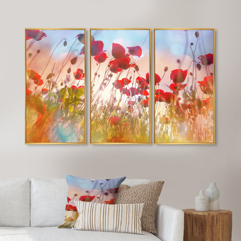 Jolies fleurs de coquelicot au soleil - ensemble de 3 toiles encadrées florales, H 28 po x l 36 po x P 1 po, Encadrement doré