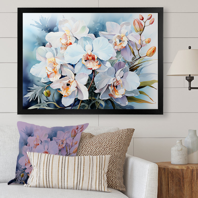 Orchidées grises sur la plage sur toile, H 16 po x l 32 po x P 1 po, Cadre simple noir