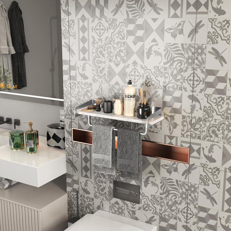 Elegant 16-Inch Marble Wall Shelf With Towel Bar - Durable Space-Saving Design For Bathroom And Living Room