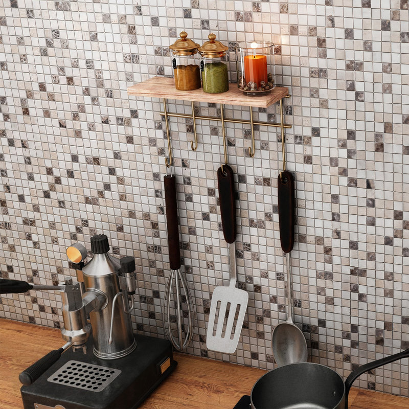Tablette murale moderne en bois massif avec supports en métal, 7,9 po x 3,9 po x 10,6 po | 100% bois véritable, finition dorée et brune | Supporte jusqu'à 4,4 lb | Parfait pour la décoration intérieure, industrielle et de fantaisie