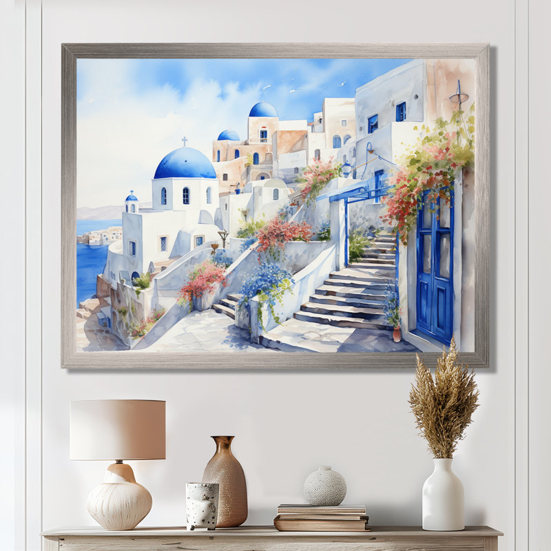 «Blue and White Santorini Village I», art mural Grèce, Cadre flottant brun, H 24 po x l 32 po x P 1 po