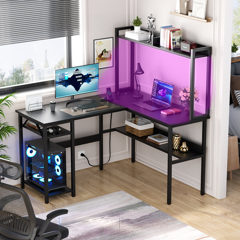 Bureau en L avec huche Chilmark, lumières DEL, bureau d'angle réversible avec prise de courant, Noir