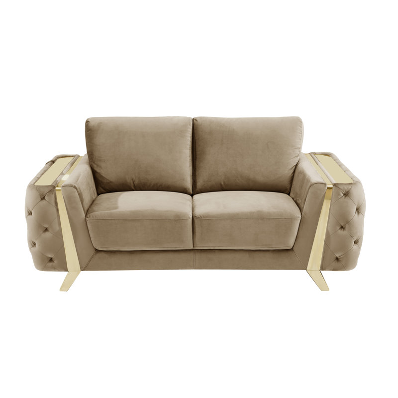 Causeuse à accoudoirs carrés en velours 72 po Nissa, Velours beige, Or