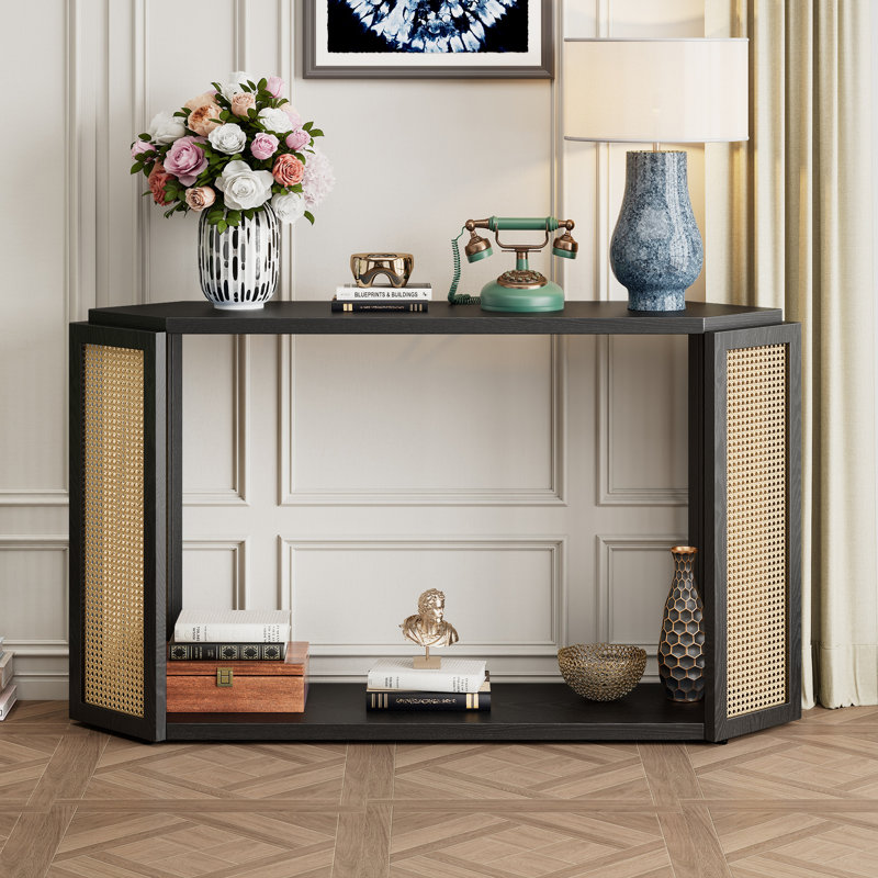 Console Table With Bottom Shelf And Rattan Side, Black