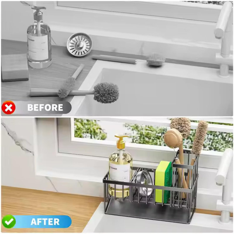 Porte-éponge et organisateur d'évier de cuisine en acier inoxydable - Support d'évier antirouille pour éponges, brosses et produits de nettoyage essentiels