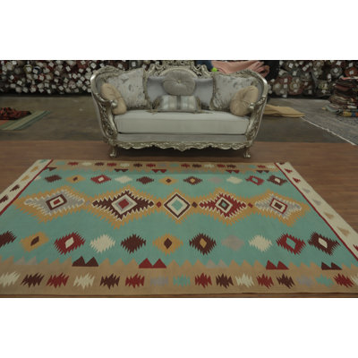 Tapis oriental en laine turquoise Kilim 7 x 10
