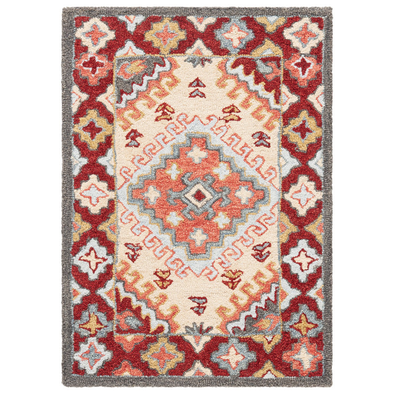 Southwestern Handmade Tufted Cotton/Wool Red/Ivory Area Rug, Rectangle 3' x 5'
