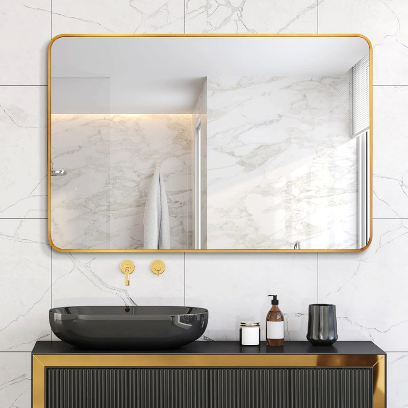 Rectangular Bathroom Wall Mirror, 40" x 30", Brushed Gold