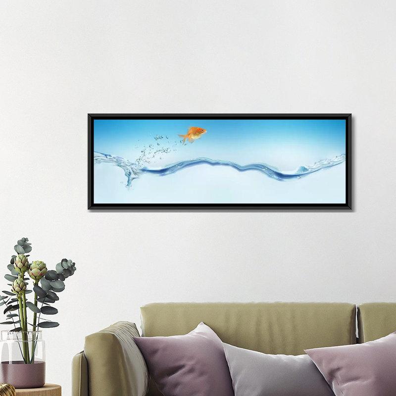 " Goldfish Jumping Out Of Water " by Panoramic Images, 16" H x 48" W x 1.5" D, Black Framed Canvas