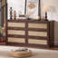 Ensemble de 3 meubles en rotin, style bohème bois : commode à 6 tiroirs (122 cm), commode haute (107 cm), table de chevet 1 tiroir (58 cm) avec station de recharge.-594479774