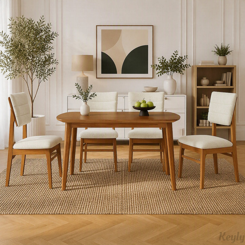 Ensemble de table de salle à manger Farmhouse avec 4 chaises rembourrées, Brun / brun + beige, Beige