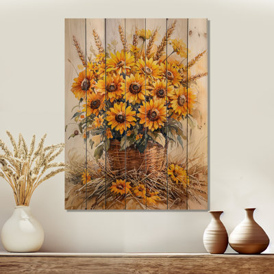 Tournesols dorés, arrangement mural I - Tournesols, art mural sur bois de pin naturel
