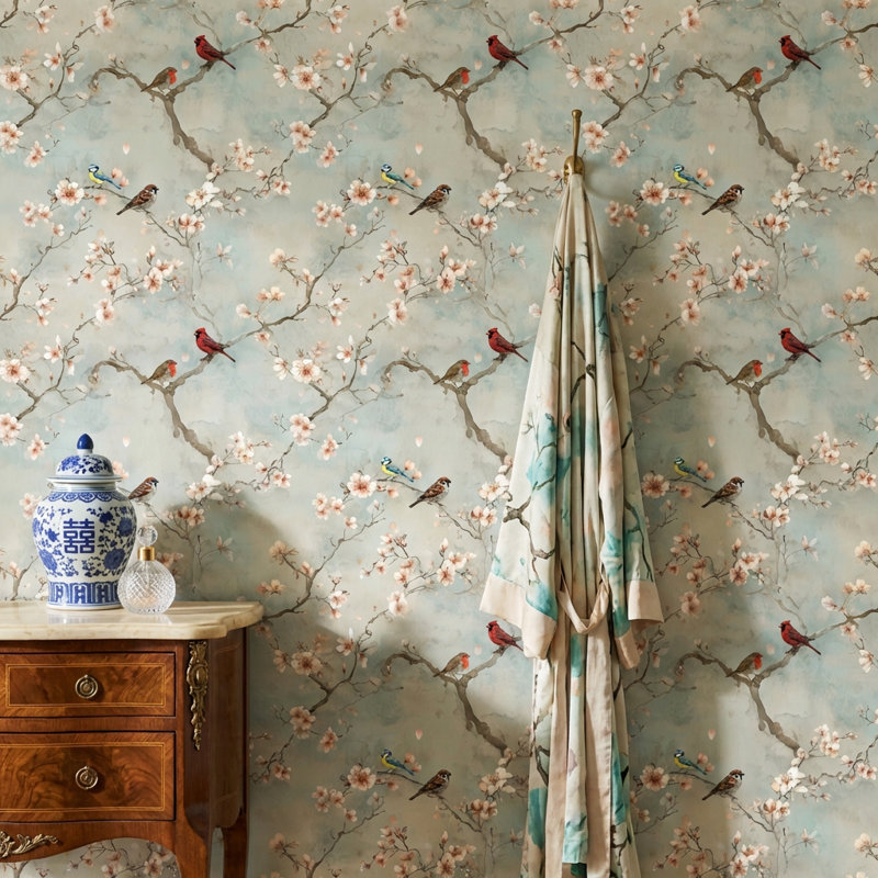Papier peint floral avec décoration murale rétro oiseaux, Peler et coller