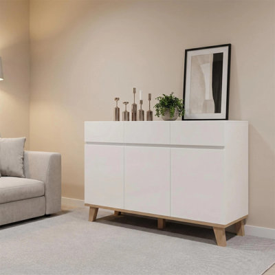 Commode blanche 3 tiroirs + 3 portes, commode de rangement moderne sans poignée avec pieds en bois naturel massif, armoire à tiroirs minimaliste pour le salon de la chambre à coucher, simple à installer