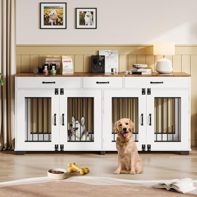 Grande cage pour chien 71 po pour 2 chiens, double cage pour chien avec 3 tiroirs pour un grand espace de rangement, cage intérieure pour meuble et meuble télé, pour grands chiens moyens