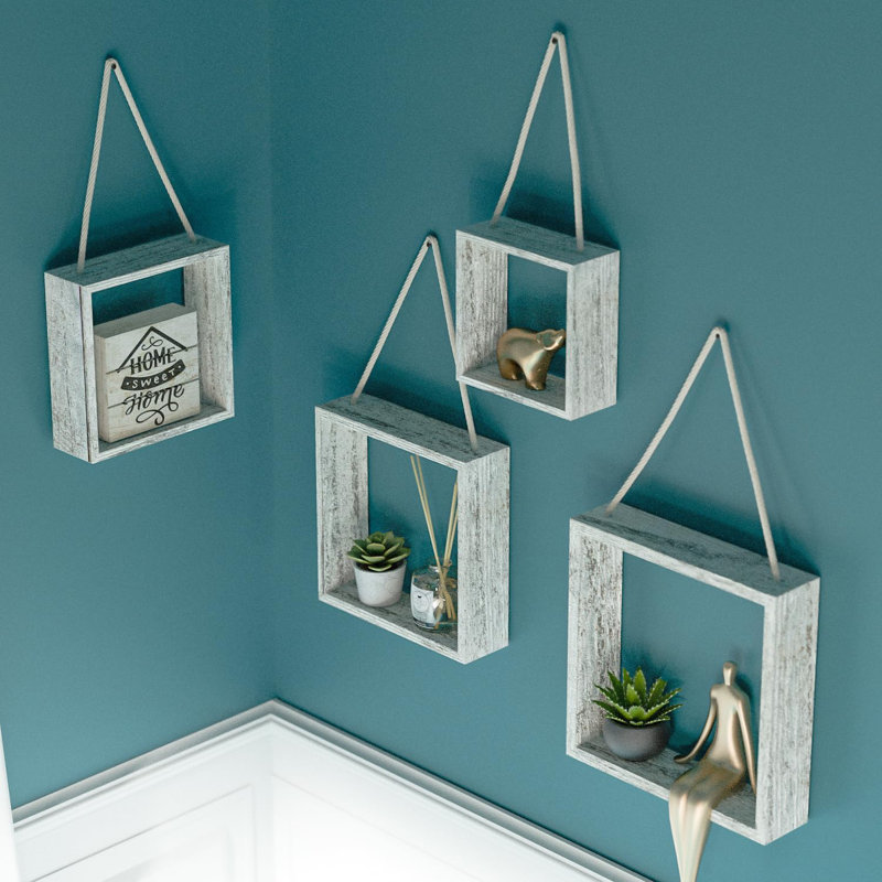 Floating Wall Shelves Set Of 4 - Rustic Wood Cube Display Shelf For Home Decor - Modern Boho Hanging Shelves For Living Room, Bedroom, Office - Sturdy And Versatile Storage Solution