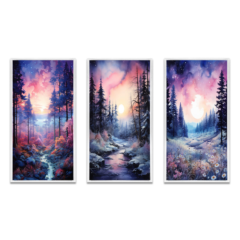 «Pine Tree Winter Twilight», 3 pièces sur toile, Cadre flottant blanc, H 40 po x l 60 po
