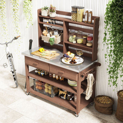 Outdoor Potting Bench Table with  Upper Hutch, Stainless Steel Top, and Lockable Wheels