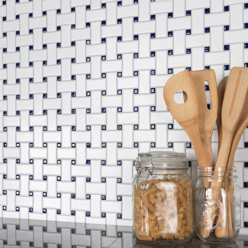 Metro 1.32" x 2" Porcelain Basketweave Mosaic Wall & Floor Tile, White/Cobalt Blue