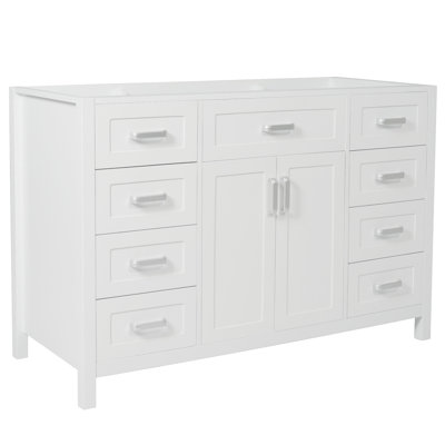Meuble-lavabo de 47 po seulement, 2 portes et 8 tiroirs, fermeture classique, conception classique, pin massif peint en blanc, poignées en aluminium, dispositif sans lavabo, style, couleur, construction en pin, poignées pour