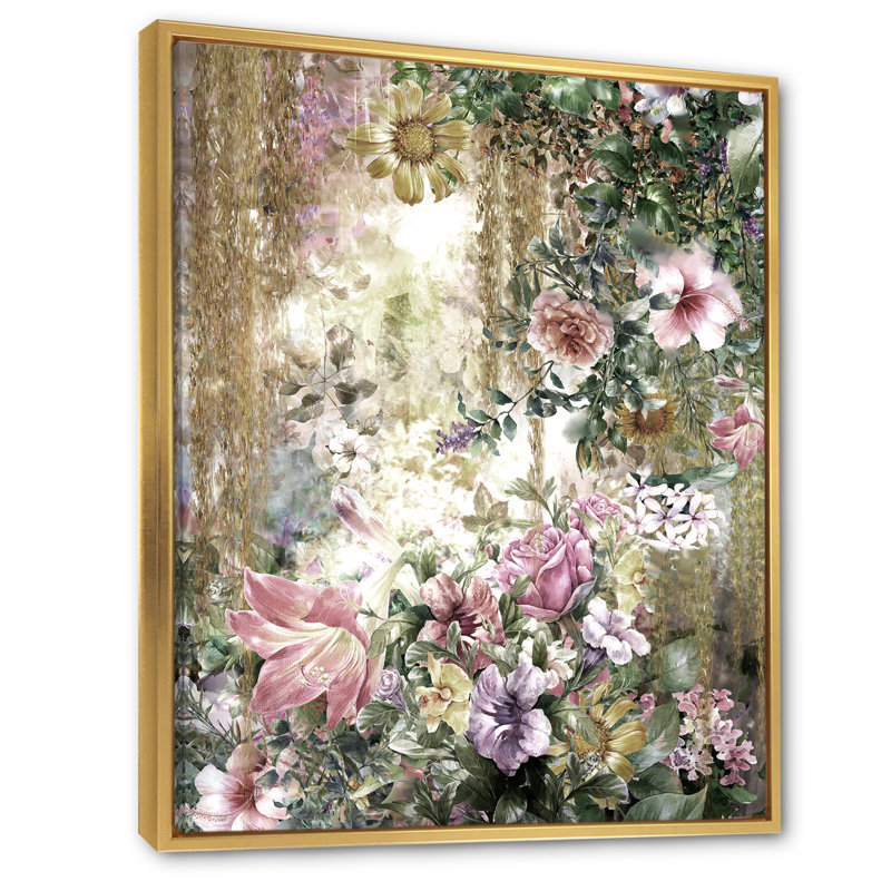 Grunge rose vert fleurs d'été - œuvre d'art traditionnelle sur toile