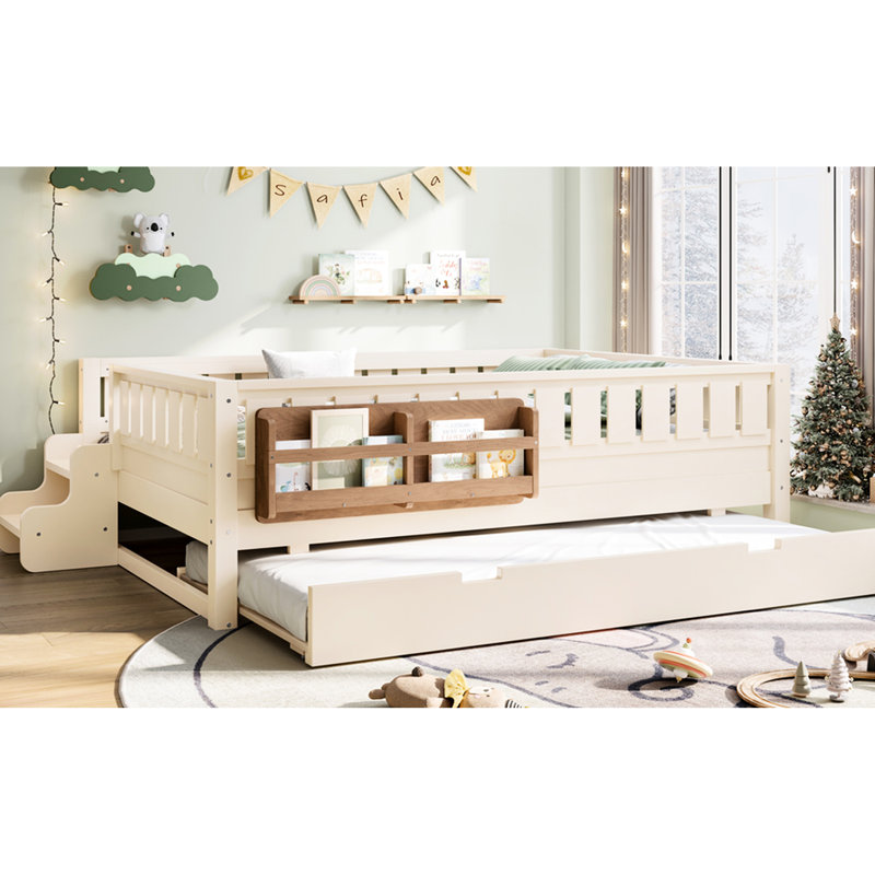 Lit double beige en bois de pin avec lit gigogne pour un sommeil confortable, Full, Beige
