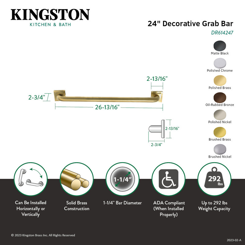 Kingston Brass Claremont 1-1/4 Inch O.D Grab Bar, 24" W, Brushed Brass