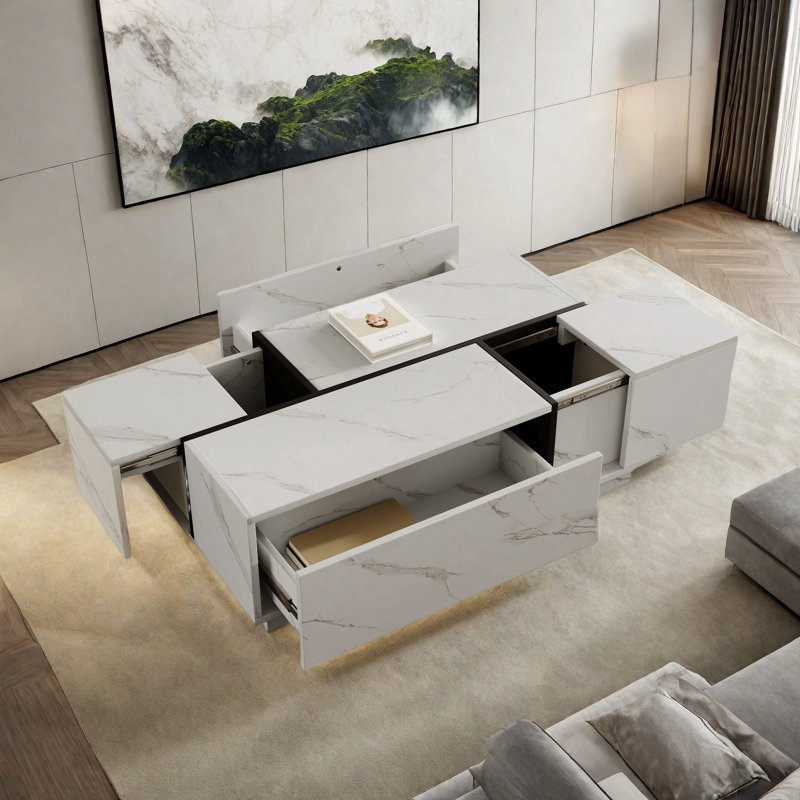 Rectangular Sliding Top Coffee Table With 2 Drawers And 2 Hidden Storage Compartments, White