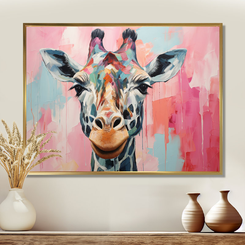 Portrait de girafe brune et rose - art mural girafe, Cadre flottant doré, H 24 po x l 32 po x P 1 po